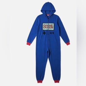 Game Over" Gamer Onesie - Blue Hooded Pajamas with Pockets - Size M (Flaw) 🎮